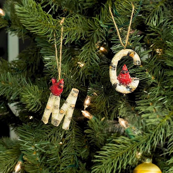 Rustic Cardinal Initial Letter Christmas Ornament – Birch Wood Look Hanging Alphabet Monogram Decoration for Holiday Tree & Winter Home Décor (P)