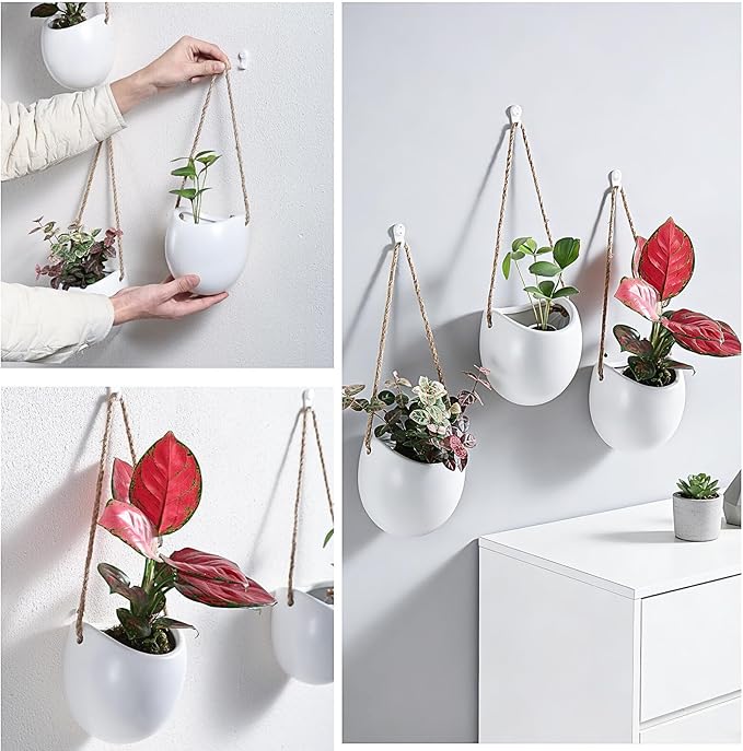 Set of 3 Ceramic Wall Planters with Hooks, Hanging Planter for Greenery and Dried Flowers, Home & Office Wall Decor