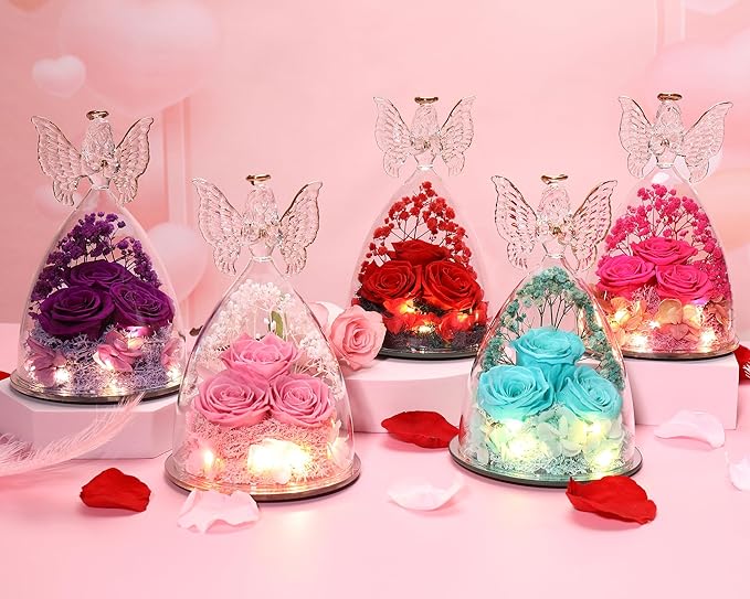 Christmas Rose Gifts for Women Preserved Real Flower in Glass Angel Figurines Roses for Delivery Prime Birthday Gifts for Mom Grandma Girlfriend Wife Her, Full Purple