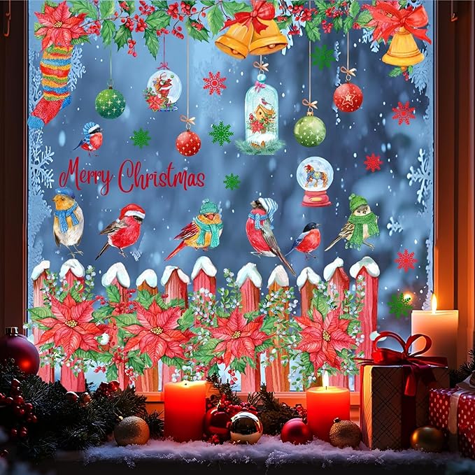 Christmas Window Clings Christmas Window Decoration Stickers Indoor Double Sided Winter Glass Decals Xams Wall Decor Sticker Hanging Flowers Bird Decal for New Year Party Living Room Holiday Supplies