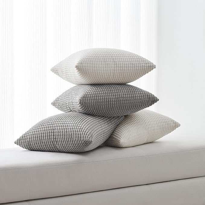 Topfinel 4 Packs Grey Decorative Throw Pillow Covers 18x18 Inch for Living Room Couch Bed, Modern Rustic Modern Home Decor, Soft Corduroy Small Bulge Accent Square Cushion Case 45x45 cm(Light Grey)