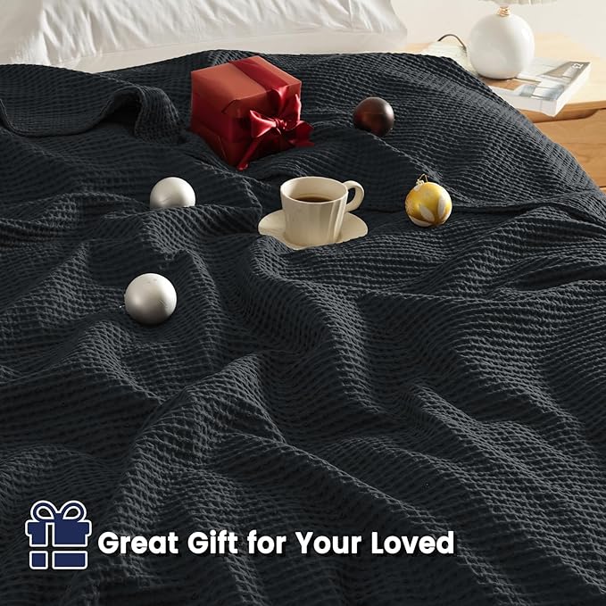 PHF 100% Cotton Waffle Weave Throw Blanket 50" x 60" - Lightweight Washed Soft Breathable for Adults and Kids - Perfect Layer for Couch Bed Sofa - Elegant Home Decoration Gift - Black