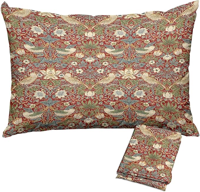 William Morris Pillow Protectors with Zipper Standard Size Red Strawberry Birds Print Pillow Covers Set of 2 Vintage Floral Botanical Pillow Cases Rustic Nature Flowers Bed Pillow Covers 20"x36"