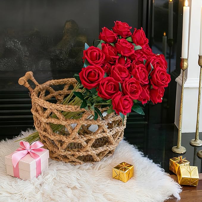 HyeFlora 50 PCS Red Roses Artificial Flowers, Fake Roses with Stems Realistic Silk Roses for DIY Wedding Bouquets Tables Centerpieces Arrangements Party Baby Shower Birthday Home Decor Gift for Her