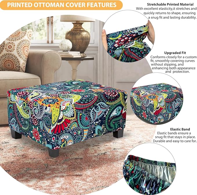 Ottoman Cover Rectangle Printed,Stretch Slipcover for Rectangular Footstool,Soft Fabric with Non-Slip Elastic Bottom,Decorative Furniture Protector for Living Room,Large,Navy & Green