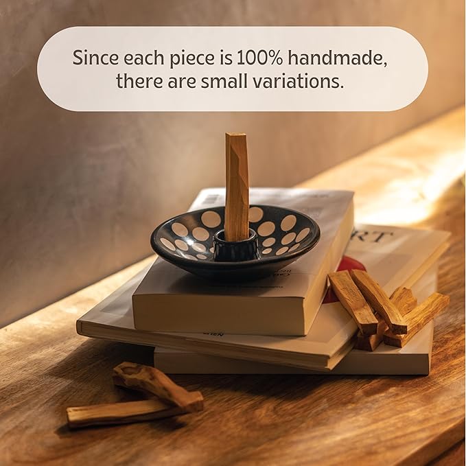 Luna Sundara Authentic Peru Pottery Palo Santo Stick Holder and Incense Holder with 5 Palo Santo Sticks Handmade Ceramic Smudge Bowl Sage Holder Black and White Polka Gift Set