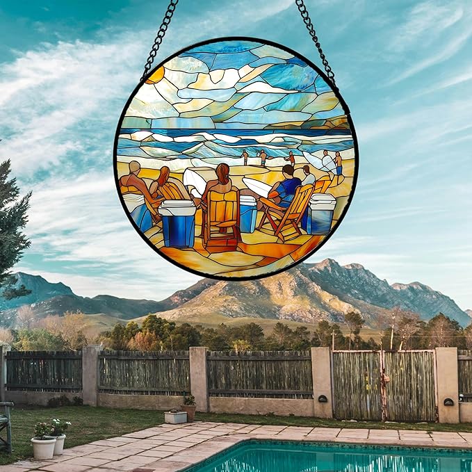 Stained Glass Window Hanging 4 Pcs Set Blue Ocean Surfing Beach Large 15" - Suncatcher Door Garden Sun Catcher Decor Birthday Mother's Day for Firefighte Men Woman Nana Mom