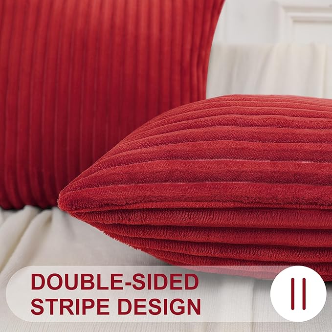 Simmore Decorative Christmas Throw Pillow Covers 18x18 Set of 2, Soft Natural Plush Flannel Double-Sided Fluffy Couch Pillow Covers for Sofa Living Room, Red