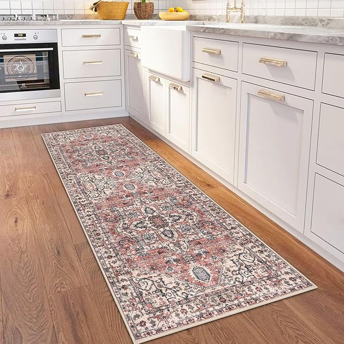 KOZYFLY Runners for Hallways 2x6 Ft Washable Kitchen Runner Rug Boho Runner Rug for Entryway Indoor Printed Oriental Faux Wool Floor Carpet Runner for Bedroom Kitchen Hall, Terracotta/Beige