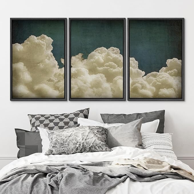 MUDECOR Framed Wall Art Print Set Vintage Cloudscape Dreamy Cotton Clouds Illustrations Modern Art Decorative Colorful Chic for Living Room, Bedroom, Office - 24"x36"x3 Black