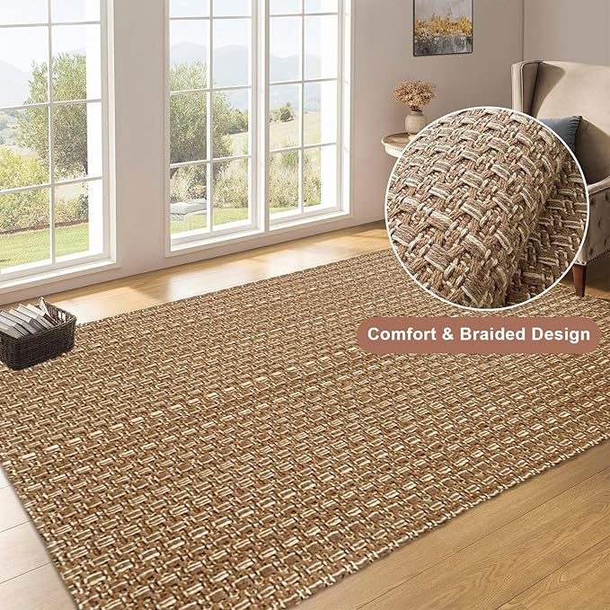 3x5 ft Rugs for Bedroom - Non-Slip Machine Washable Neutral Rug for Living Room,Faux Jute Rug,Braided Area Rug,Boho Solid Rugs for Home and Office,Very Soft,Stain-Resistan,Light Brown