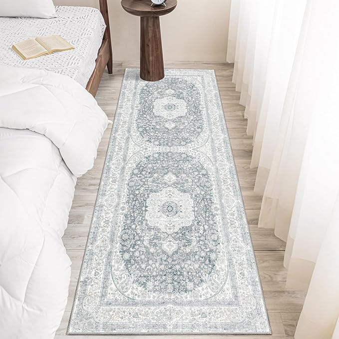Washable Runner Rug 2x6,Grey Rug Runners Non Slip,Long Boho Rugs for Hallways Kitchen Bedroom Entryway Living Room Bathroom,Vintage Bohemian Distressed Floor Carpet,Floral