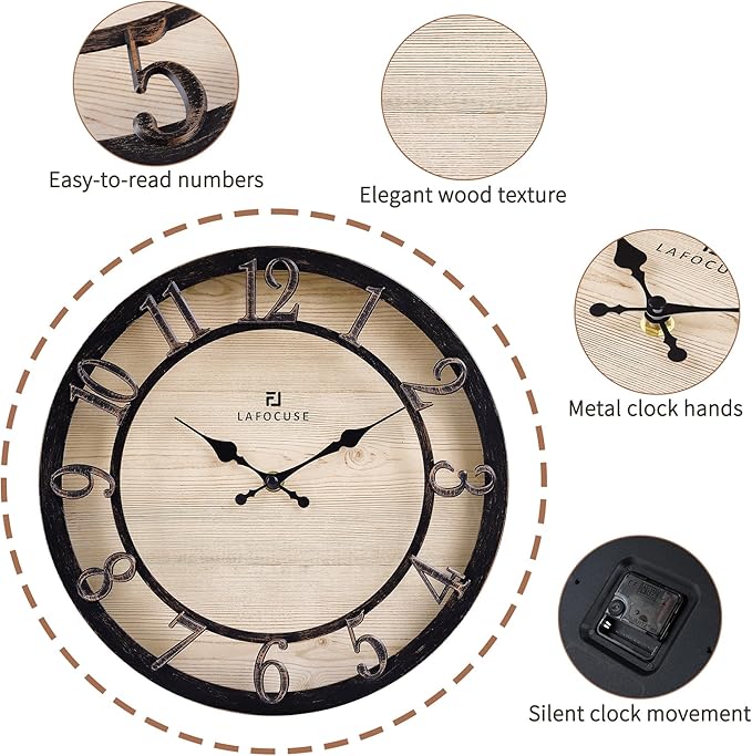 Lafocuse 12 Inch Silent Black Wall Clocks Battery Operated, Farmhouse Wall Clock for Kitchen Living Room, Rustic Home Décor