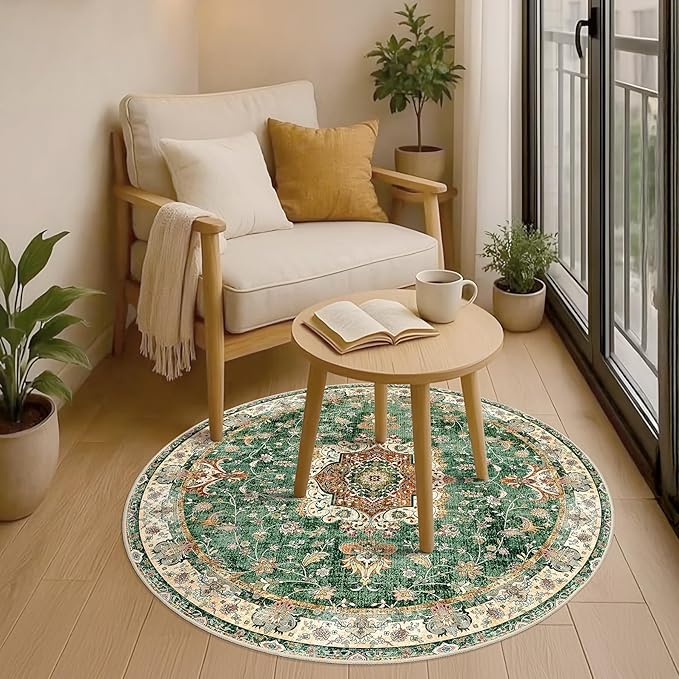 Green Round Rug 4ft,Circle Washable Area Rugs for Bedroom Bathroom Entryway Kitchen,Small Boho Vintage Bohemian Distressed Oriental Floral Carpet Non Slip,Retro Sage Floral