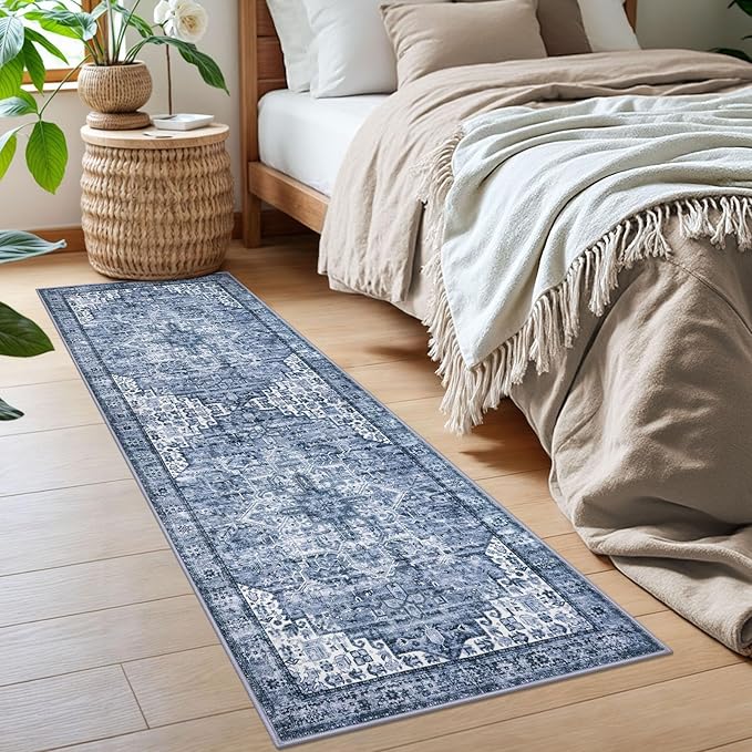 2x6 Runner for Hallways, Blue Non-Slip Printed Washable Kitchen Runner Vintage Rug with Non-Shedding, Soft Medallion Floor Carpet for Laundry Bedroom Entryway