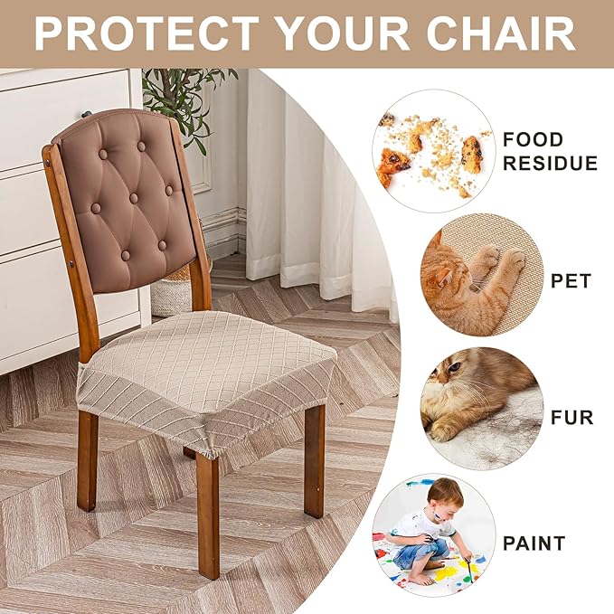 Genina Waterproof Seat Covers for Dining Room Chairs Covers Dining Chair Slipcovers Protector, No Rear Covers (Khaki, 6 Pcs)