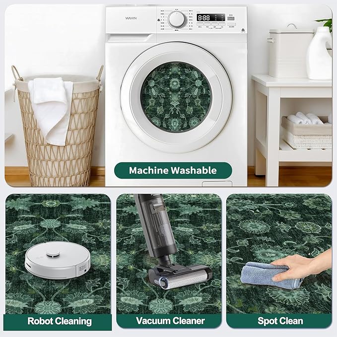 Tangsoo Washable Area Rug 3x5 Non Slip, Boho Distressed Vintage Green Floral Throw Rug for Bedroom Entryway, Soft Low Pile Floor Carpet Indoor Mat for Entrance Bedside Kitchen Nursery Office Farmhouse