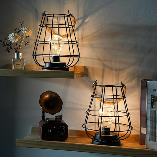 JHY DESIGN Set of 2 Cage Bulb Lantern Decorative Table Lamps 8.5" H Battery Powered Cordless Lights with Warm White Fairy Lights LED Edison Bulb Lamp for Living Room Bedroom Home Wedding(Black)