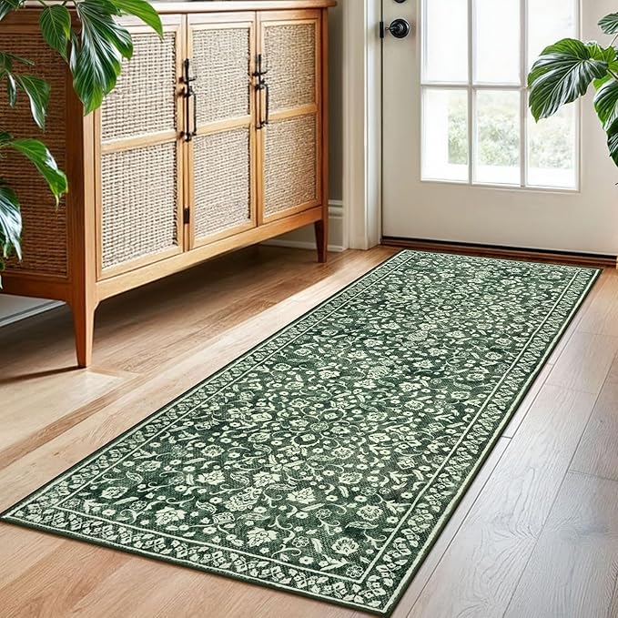 Vintage Washable 2x5 Rug Runner, Forest Green Runners for hallways, Super Soft Kitchen Runner Rug Non Slip, Print Faux Wool Floral Thin Carpet Runner for Entryway Indoor Bedroom