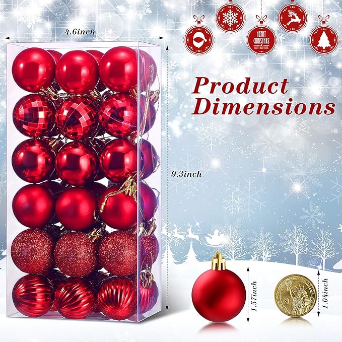 36 Pieces Christmas Ball Ornaments Shatterproof Christmas Decorations Tree Balls for Tree Ornaments Holiday Wedding Party Decoration Hooks 1.57 Inch (Red)