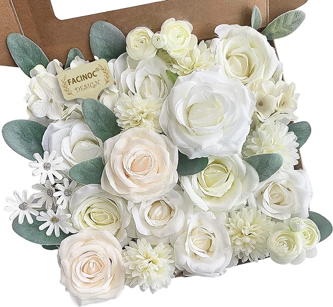 Roses Artificial Flowers White Fake Flower Bulk for DIY Wedding Bouquet Bridal Baby Shower Decorations Party Table Centerpiece Silk Floral Arrangements Home Decor Indoor Cream Ivory Box