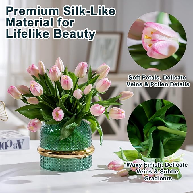 20PCS Fake Tulips Artificial Tulip Silk Flowers Fake PU Bouquet Artificial Flowers Faux Flowers with Gift Box Soft Faux Tulips Bouquets Arrangements for Party Wedding Home