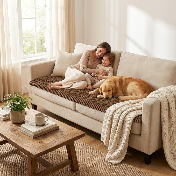 Smiry Pet Couch Cover for 3 Cushion Sofa, Non-Slip Fuzzy Couch Cover for Dogs Washable, Thick Soft Sofa Slipcovers Cushion Protector Pet Friendly (Chocolate, 27.6" x 27.6")