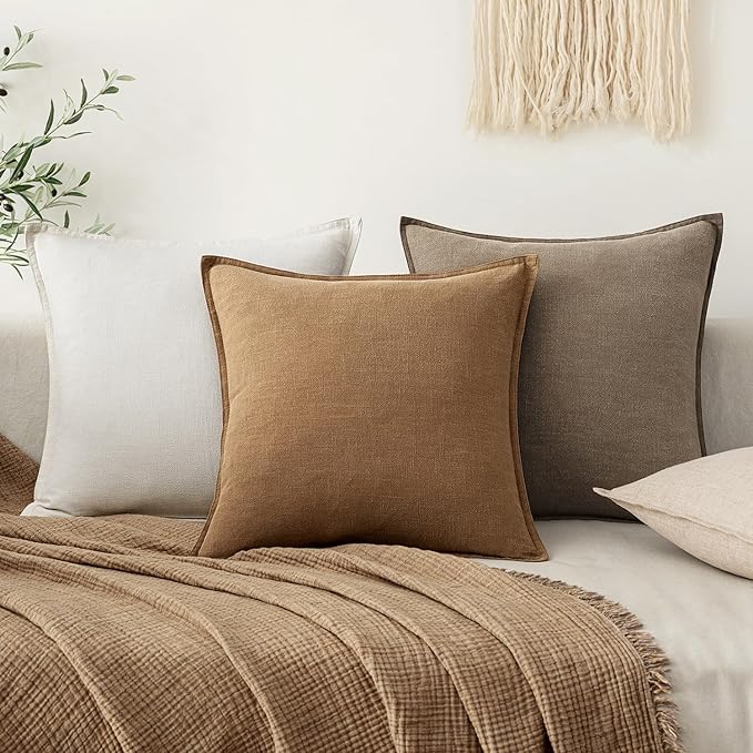 EMEMA Decorative Linen Throw Pillow Covers 24x24 Inch Brown Boho Farmhouse Neutral Couch Throw Pillows for Bed Pack of 2 Accent Pillowcase Modern Sofa Cushion Livingroom Home