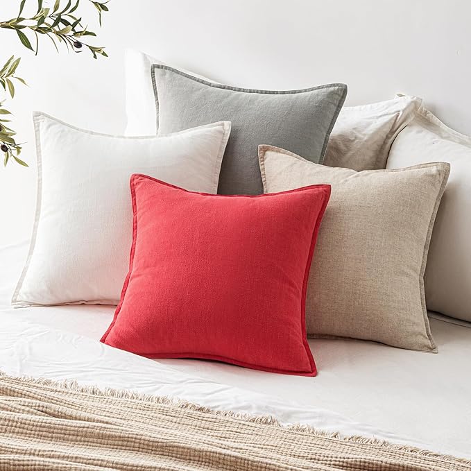 EMEMA Christmas Throw Pillow Covers Decorative Linen Pillow Covers 24x24 Inch Red Boho Farmhouse Neutral Couch Throw Pillows for Bed Pack of 2 Accent Pillowcase Modern Sofa Cushion Livingroom Home