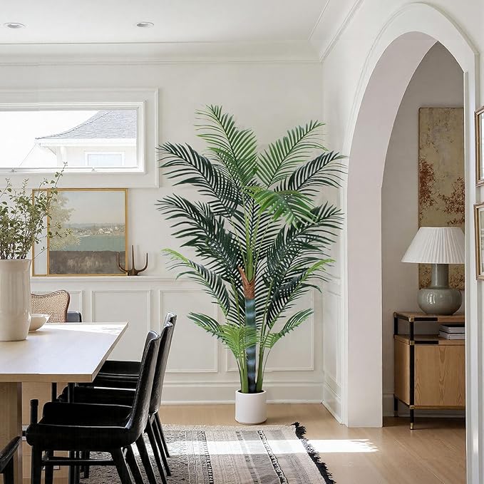 6 FT Fake Palm Tree-Tall Artificial Plants with White Planter, Faux Palm Trees Indoor Outdoor with 18 Lagre Leaves, Tropical Areca Palm Plant for Home Office Living Room