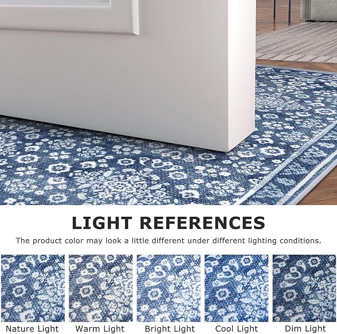 Vintage 2x7 Runner Rug, Denim Blue White Washable Runners for hallways, Super Soft Kitchen Runner Rug Non Slip, Print Faux Wool Floral Thin Carpet Runner for Entryway Indoor Bedside Runner