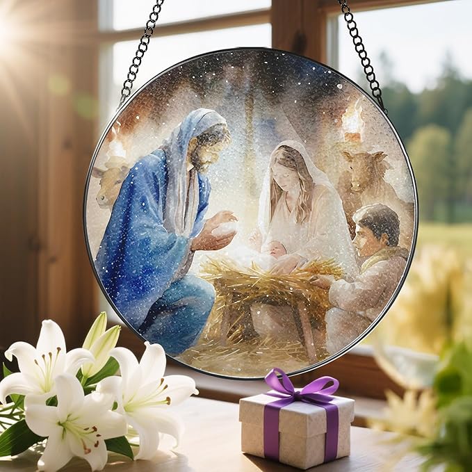 Stained Glass Suncatcher, Nativity Scene Sun Catcher Ornament; Stained Glass Window Hanging, Christmas Ornament, Christian Home Decor, Nativity Decor; Christian Gifts, Religious Gifts