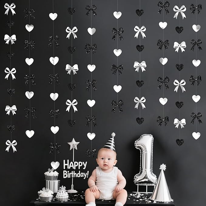 Bow Decorations Siver Black Metallic Glitter Paper Bow Heart Hanging Garland Streamer for Coquette Birthday Valentines Bachelorette Wedding Bridal Shower Anniversary Hen Party Decorations Supplies