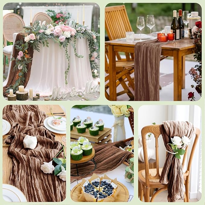 Table Runner Cheesecloth 10FT Brown Boho Gauze Cheese Cloth Rustic Sheer Table Runners for Wedding Bridal Baby Shower Party Decoration
