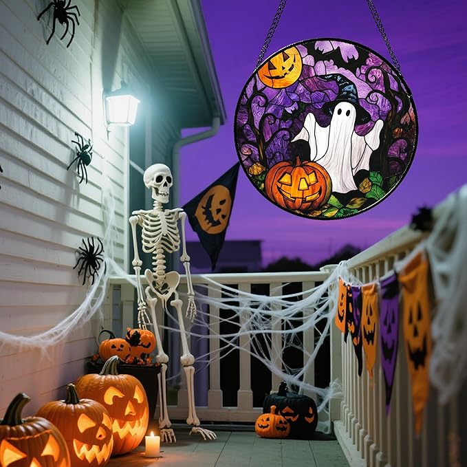 Stained Glass Window Hanging Halloween White Ghost Black Bat 7.8" - Suncatcher Door Garden Sunroom Horror Pumpkin Sun Catcher Birthday for Friend Mom Men Woman Nana