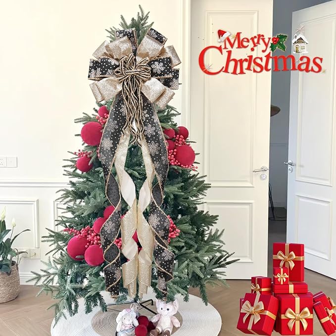 Christmas Tree Topper Bow, 43" Christmas Wreath Bows Black and Gold Ribbon Ornaments with Tassels Snowflakes and Glitter, Home Decor for Holiday Xmas Decoration Home Parties Wedding Gift