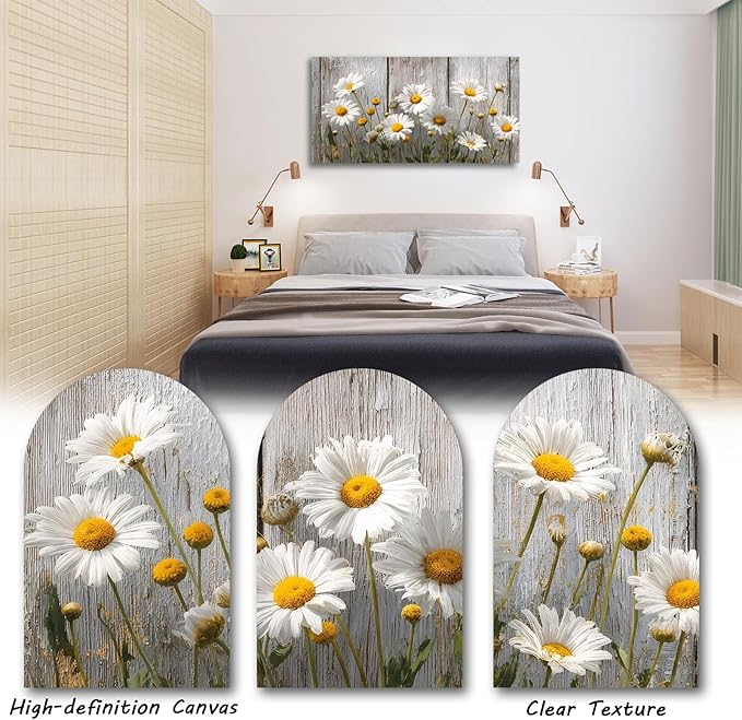 KZKU Rustic Daisy Canvas Wall Art-White Flowers on Weathered Wood Background-Large Modern Farmhouse Decor for Living Room Bedroom 24X48in
