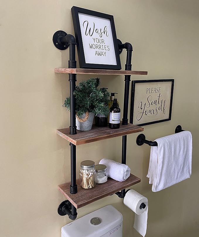 ROGMARS Industrial Pipe Shelving Solid Wood Floating Bathroom Shelves Wall Mounted Ladder Bookshelf for Living Room Wall Decor and Storage 15 inch (3 Tier)