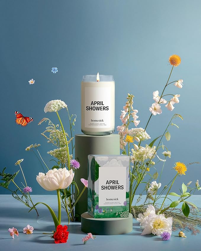 Homesick April Showers Scented Candle – 13.75 oz Natural Soy Wax, Non-Toxic Birchwood Eucalyptus Orchid Scent, Organic Cotton Wick, 80 Hour Burn – Elegant Wedding & Engagement Gifts for Couples