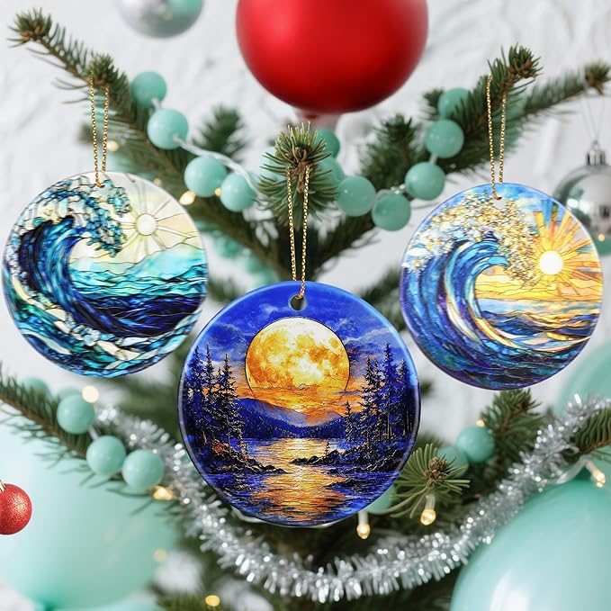 Christmas Ornaments, Dodosky 2.8in Ceramic Ornament, Xmas Decor, Christmas Tree Ornaments, Xmas Decorations for Tree, Holiday Ornament, Gift Ideas, Gifts for Women Men - Full Moon Over Forest Lake