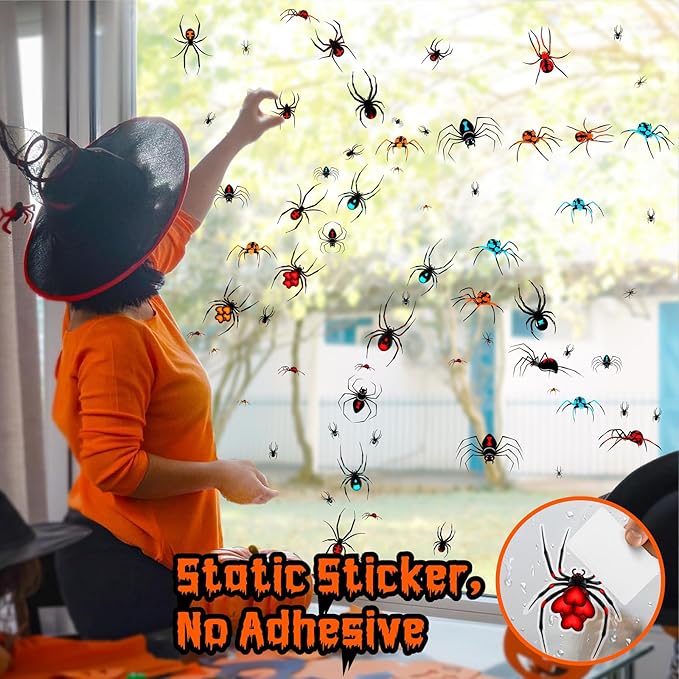 80 PCS Halloween Spider Mirror Decals Halloween Window Decoration Clings Removable Double-Sided Spooky Glass Stickers for Haunted House Indoor Outdoor Scary Static Clings for Holiday Party Decor