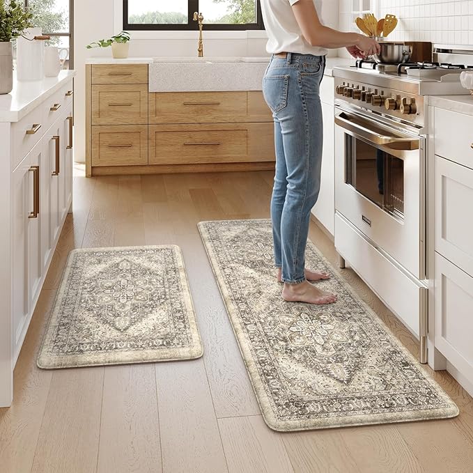 KIMODE Anti Fatigue Kitchen Mats, Boho Distressed Kitchen Floor Mats 20"x59"+20"x32", Non Slip Waterproof Kitchen Rugs, Padded Comfort Standing Mats for Laundry Office Sink Desk Brown