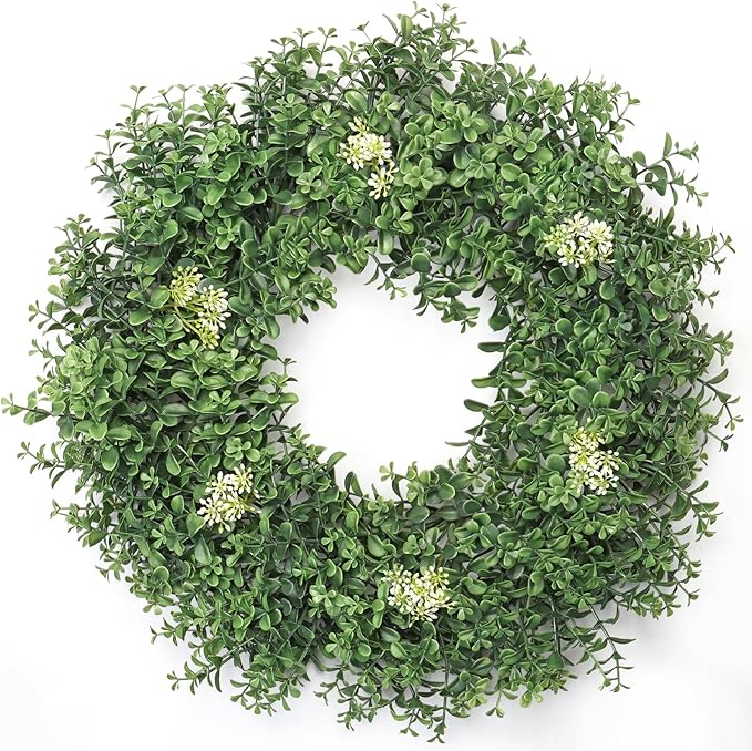 Weldomcor Green Boxwood Wreaths for Front Door 22 Inch, Spring Summer Artificial Greenery Wreath with Berries Outside All Season Farmhouse Decoration for Outdoor Indoor Home Porch Window Wedding Decor