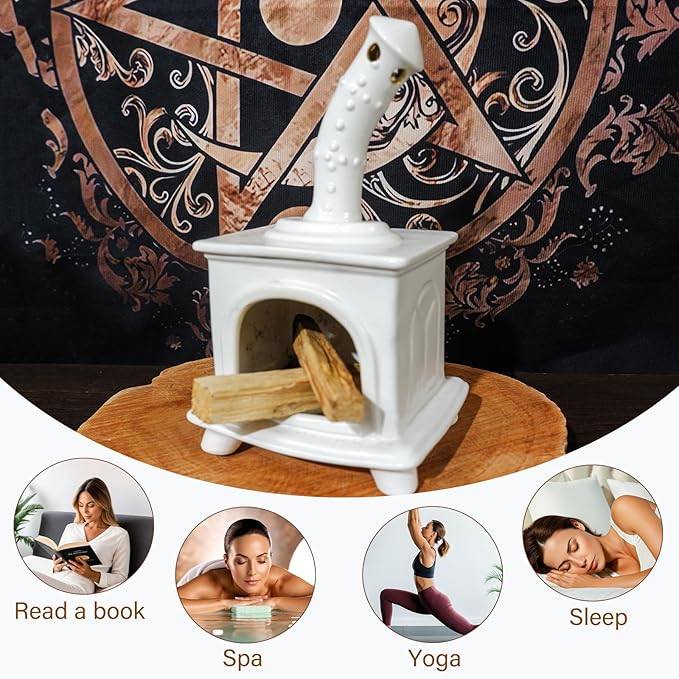 Handmade White Ceramic Fireplace Palo Santo Holder &Sage/Cone Incense Dish for Energy Cleansing Zen Meditation Altar Decor for Yoga Spa | Mindfulness Aromatherapy Gift for Women Anxiety Relief