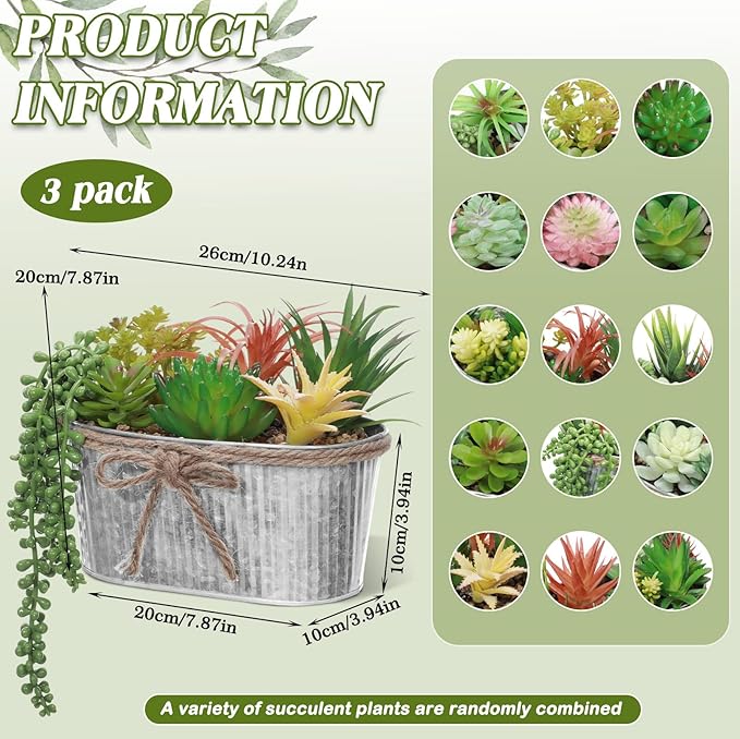3 Pack Mini Potted Artificial Faux Plastic Succulent Combination Plants Christmas Farmhouse Galvanized Metal Pots Plastic Topiaries Plants for Xmas Home Office Shelf Desk Table Decor