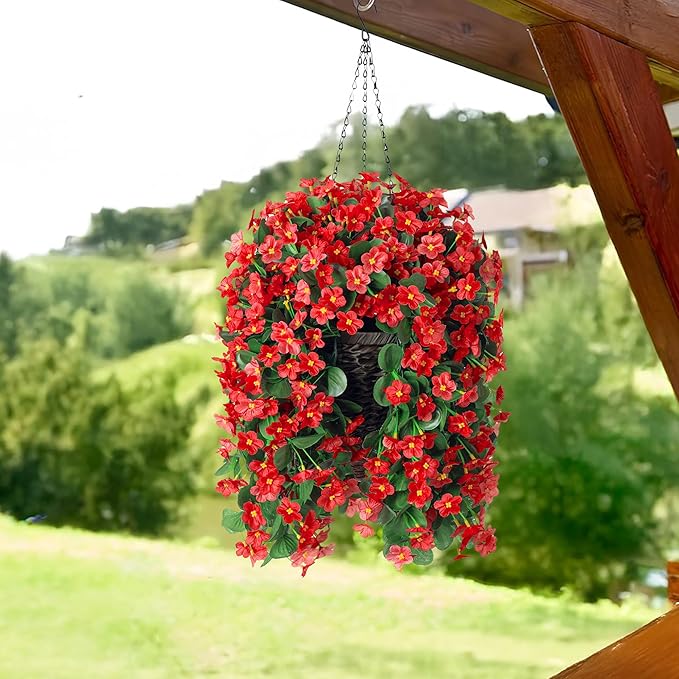 HyeFlora Artificial Fake Hanging Plants Flowers for Outdoor Outside Winter Christmas Decoration, 2 PCS Faux Silk Daisy Mums Red Orchid Vines UV Resistant Realistic for Home Indoor Porch Patio Balcony
