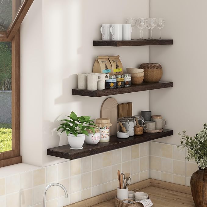 Axeman Floating Shelves for Wall, 8 Inch Deep Rustic Solid Elm Wood Wall Shelves for Storage, Wall Mounted Display Shelving with Invisible Heavy-Duty Metal Bracket, 36'' Width Set of 2, Walnut