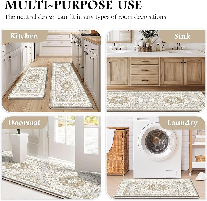 Boho Kitchen Mats for Floor 2 Piece Set Anti Fatigue Cushioned PVC Kitchen Rugs Non Slip Waterproof Farmhouse Mats 2/5 Inch Comfort Standing Mat for Sink, Laundry, 17.3"x47"+17.3"x28", Beige Tan