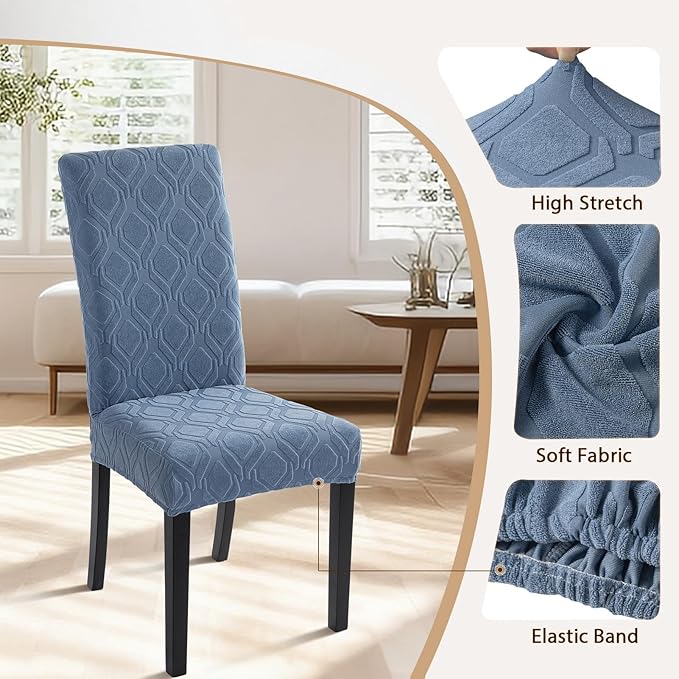SearchI Dining Room Chair Covers Set of 6, Stretch Jacquard Parsons Chair Slipcovers Spandex Removable Washable Kitchen Chair Protector Cover for Dining Room, Hotel, Ceremony (Gray-Blue Geometric)