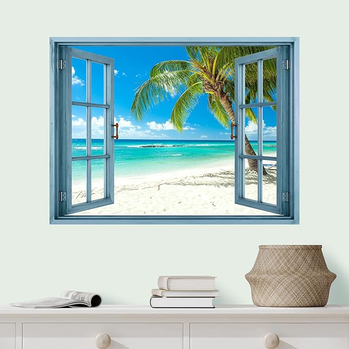 wall26 Removable Wall Sticker/Wall Mural Window View Tropical Blue Teal Beach Shore Paradise Wilderness Nature Photography Realism Rustic Landscape Colorful for Living Room, Bedroom, Office - 36"x48"
